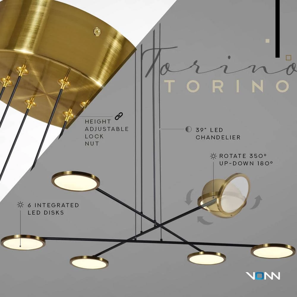 Torino 39 in. 42-Watt Integrated LED Antique Brass Height Adjustable Chandelier, Rotating LED Disks Island Pendant by VONN Lighting - Image 8