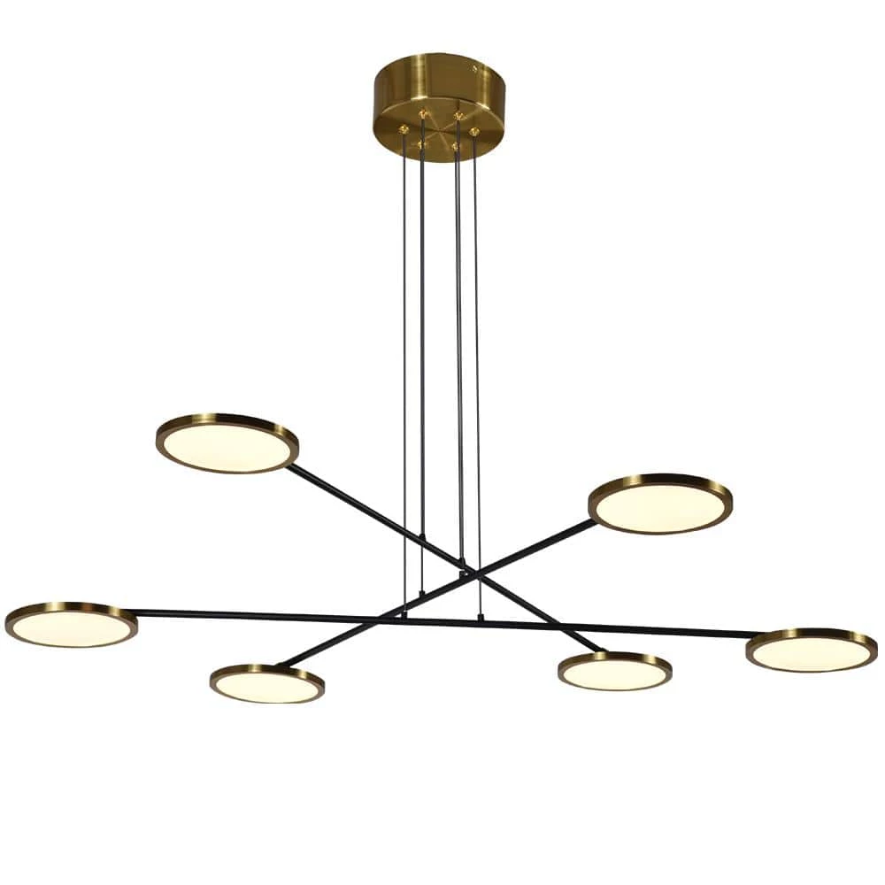 Torino 39 in. 42-Watt Integrated LED Antique Brass Height Adjustable Chandelier, Rotating LED Disks Island Pendant by VONN Lighting