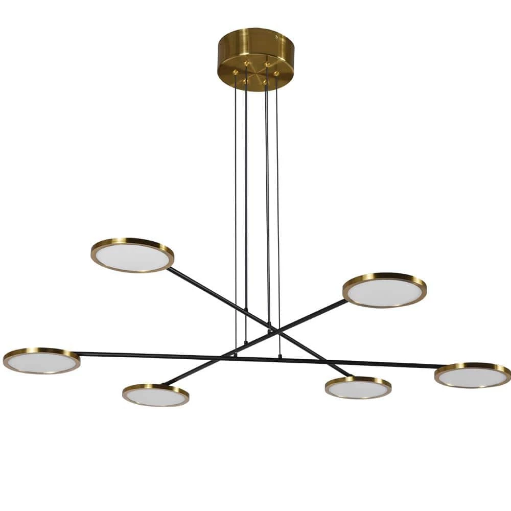 Torino 39 in. 42-Watt Integrated LED Antique Brass Height Adjustable Chandelier, Rotating LED Disks Island Pendant by VONN Lighting - Image 4