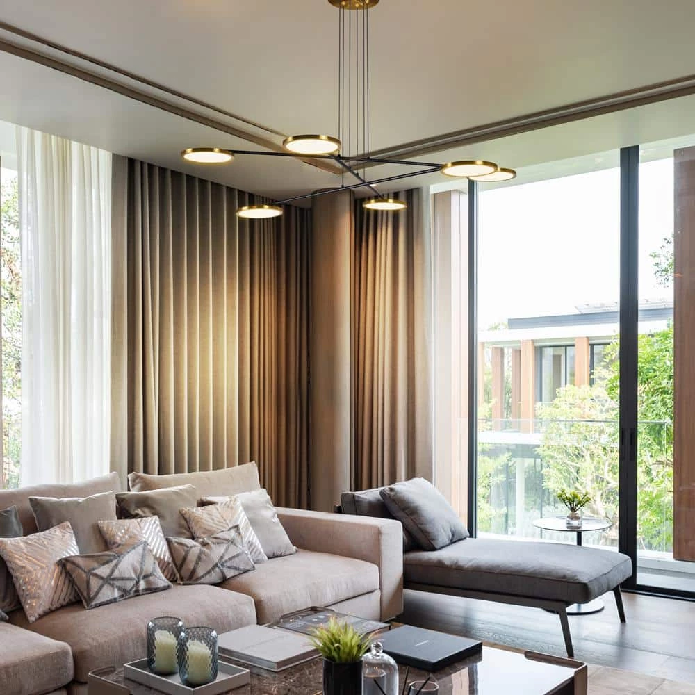 Torino 39 in. 42-Watt Integrated LED Antique Brass Height Adjustable Chandelier, Rotating LED Disks Island Pendant by VONN Lighting - Image 2