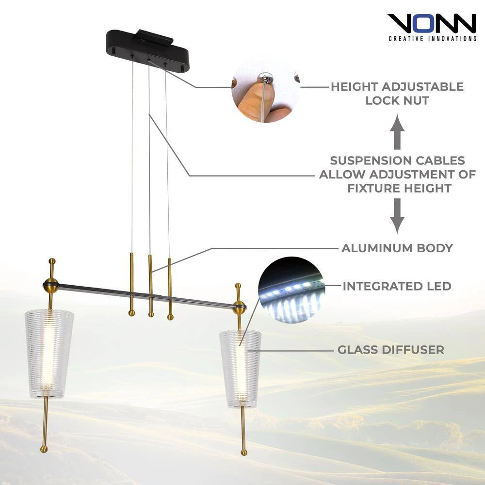 Toscana 13.8-Watt 29 in. Height Adjustable Antique Brass Island Pendant with 2 Integrated LED Frosted Glass Shades by VONN Lighting - Image 7