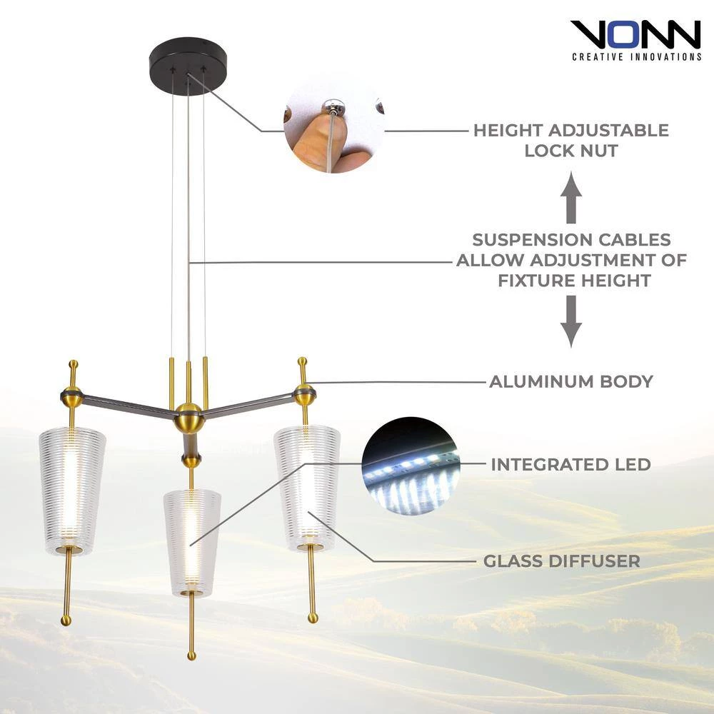 Toscana 22.2-Watt Integrated LED Antique Brass Island Pendant with 3 Frosted Glass Shades Linear by VONN Lighting - Image 8