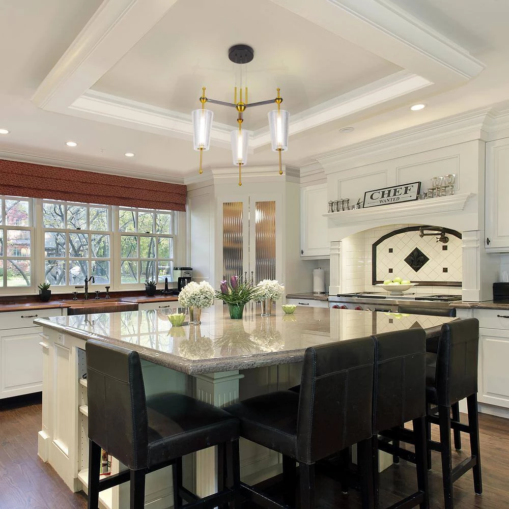 Toscana 22.2-Watt Integrated LED Antique Brass Island Pendant with 3 Frosted Glass Shades Linear by VONN Lighting - Image 4