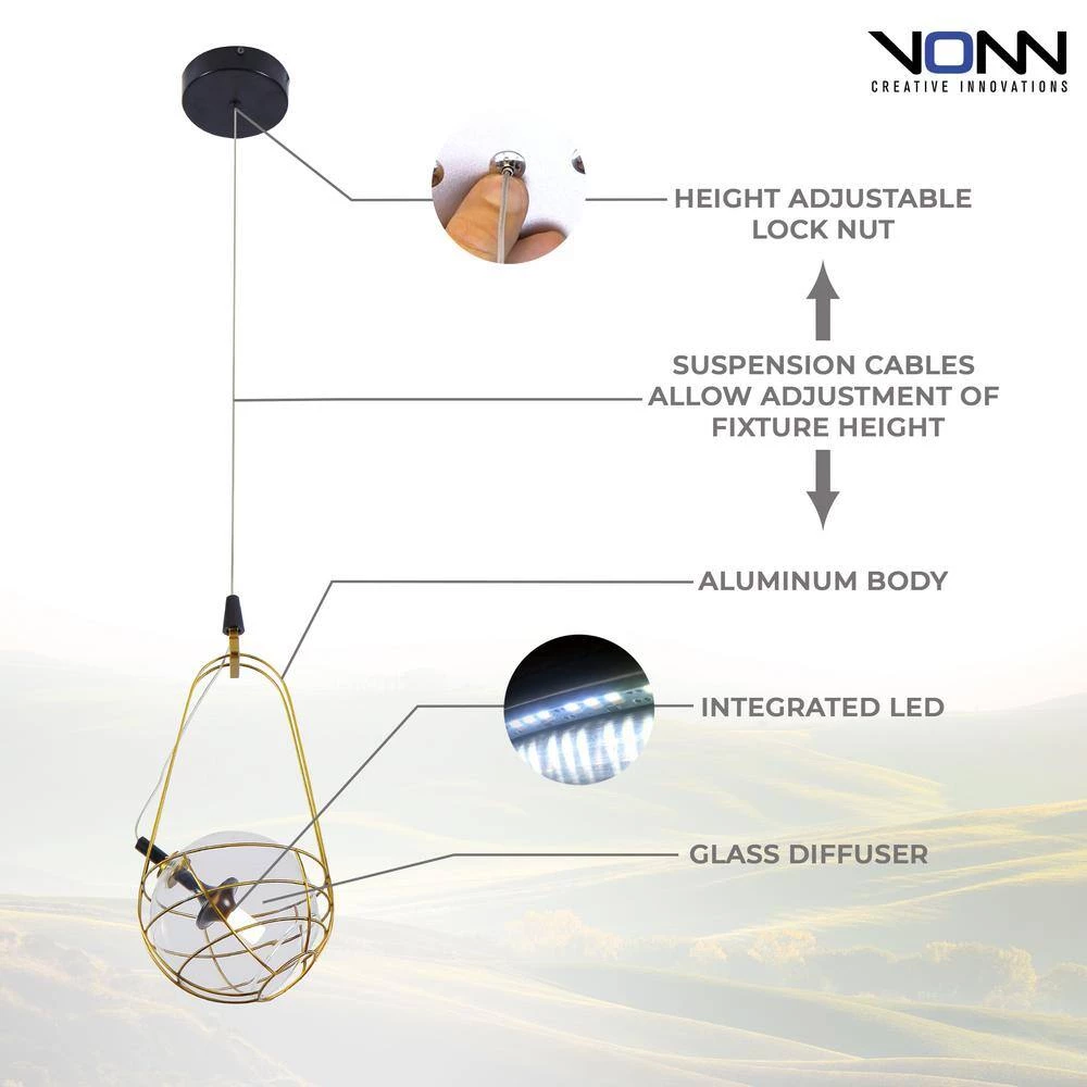 Firenze 8.8-Watt Integrated LED Antique Brass Pendant with 7.25 in. Glass Shade and Metal Cage by VONN Lighting - Image 7