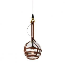 Bari 8.9-Watt Integrated LED Antique Brass Pendant with 6.5 in. Glass Shade and Faux Leather Straps by VONN Lighting