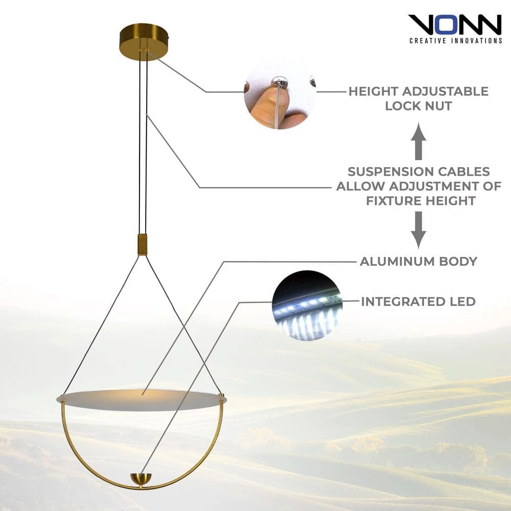 Como 4.91-Watt Integrated LED Antique Brass Pendant with 15.75 in. Aluminum Shade by VONN Lighting - Image 7