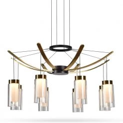 Genoa 24 in. 39-Watt Integrated LED Black Height Adjustable Chandelier with 8 Glass Shades Island Hanging Pendant Light by VONN Lighting