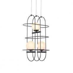 Lyra 16-Watt Integrated LED Black Chandelier with 3 Glass Shades and Black Cage Island Hanging Pendant Light Adjustable by VONN Lighting