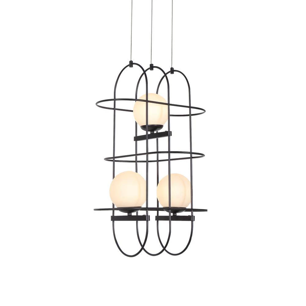 Lyra 16-Watt Integrated LED Black Chandelier with 3 Glass Shades and Black Cage Island Hanging Pendant Light Adjustable by VONN Lighting