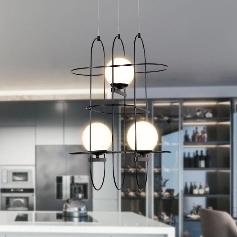 Lyra 16-Watt Integrated LED Black Chandelier with 3 Glass Shades and Black Cage Island Hanging Pendant Light Adjustable by VONN Lighting - Image 2