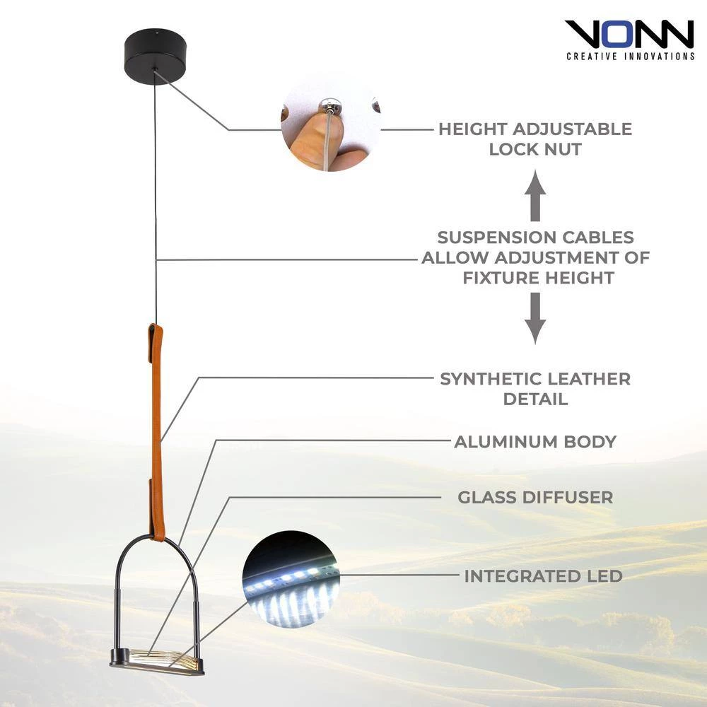 Ravenna 9.6-Watt Integrated LED Black Pendant with 7.75 in. Glass Shade and Faux Leather Strap by VONN Lighting - Image 7