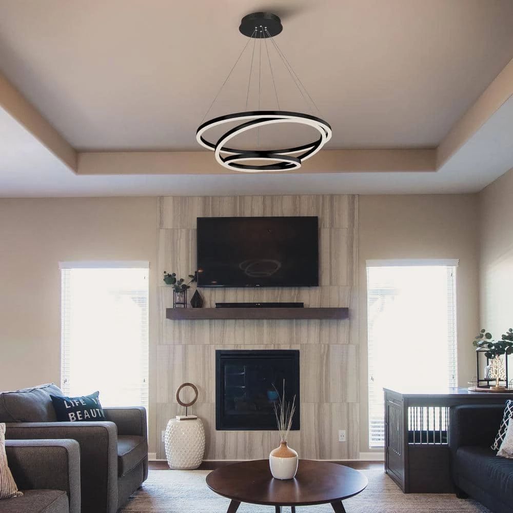 Tania 98-Watt 32 in. Modern Integrated LED Black Chandelier Height Adjustable With 3 LED Circles Hanging Pendant Light by VONN Lighting - Image 4