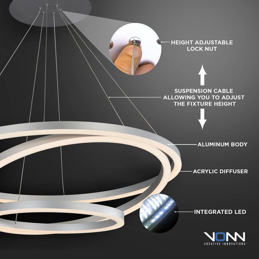 Tania 98-Watt 32 in. Modern Integrated LED Black Chandelier Height Adjustable With 3 LED Circles Hanging Pendant Light by VONN Lighting - Image 8