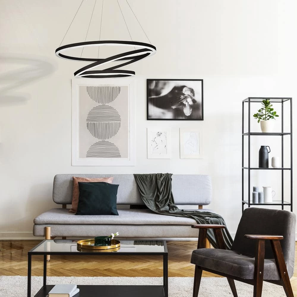 Tania 98-Watt 32 in. Modern Integrated LED Black Chandelier Height Adjustable With 3 LED Circles Hanging Pendant Light by VONN Lighting - Image 9