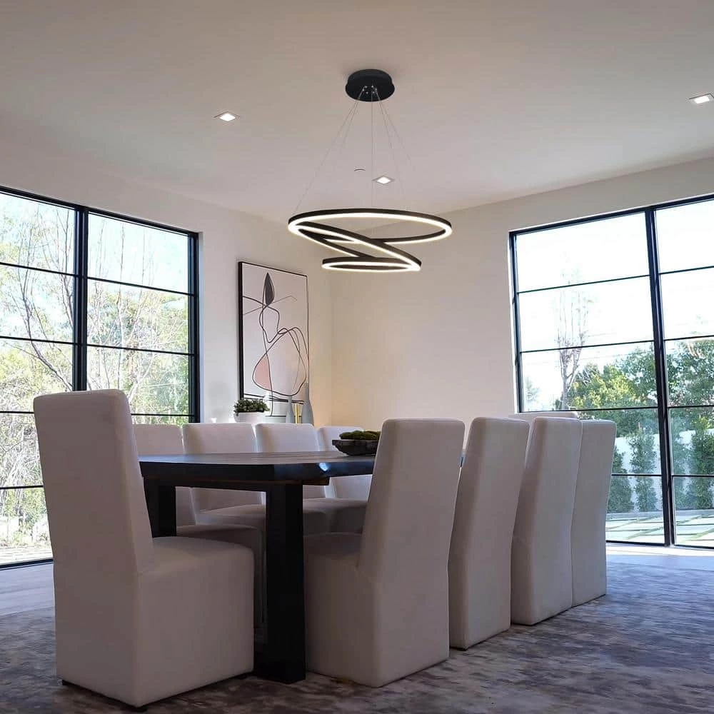 Tania 98-Watt 32 in. Modern Integrated LED Black Chandelier Height Adjustable With 3 LED Circles Hanging Pendant Light by VONN Lighting - Image 2