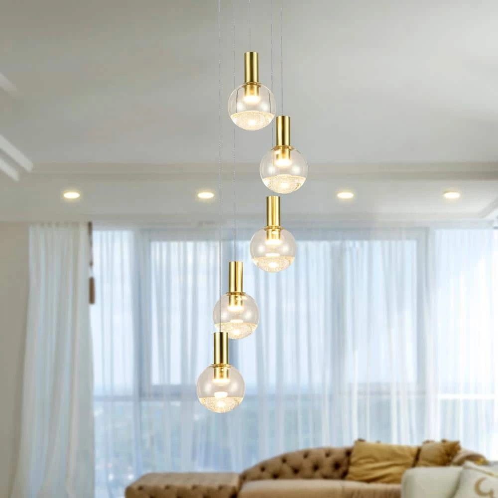 Sienna 9.5 in. 5-Light Integrated LED Chandelier Height Adjustable Hanging Pendant Light with Globe Shades, Brass by VONN Lighting - Image 4