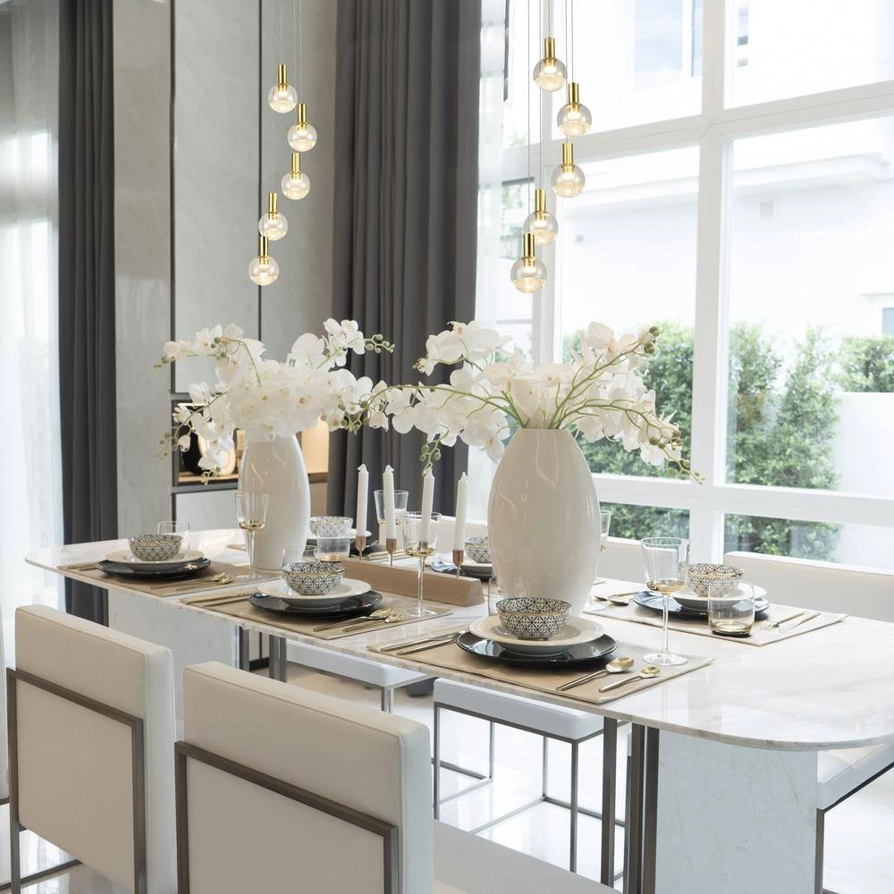 Sienna 9.5 in. 5-Light Integrated LED Chandelier Height Adjustable Hanging Pendant Light with Globe Shades, Brass by VONN Lighting - Image 9