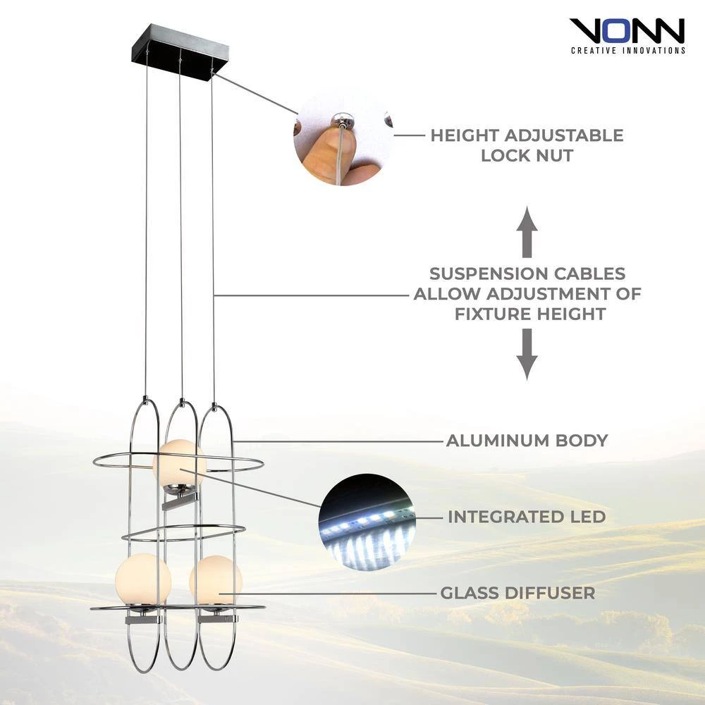 Lyra 16 in.16-Watt Integrated LED Chandelier with 3 Glass Shades and Polished Chrome Cage Island Hanging Pendant Light by VONN Lighting - Image 9