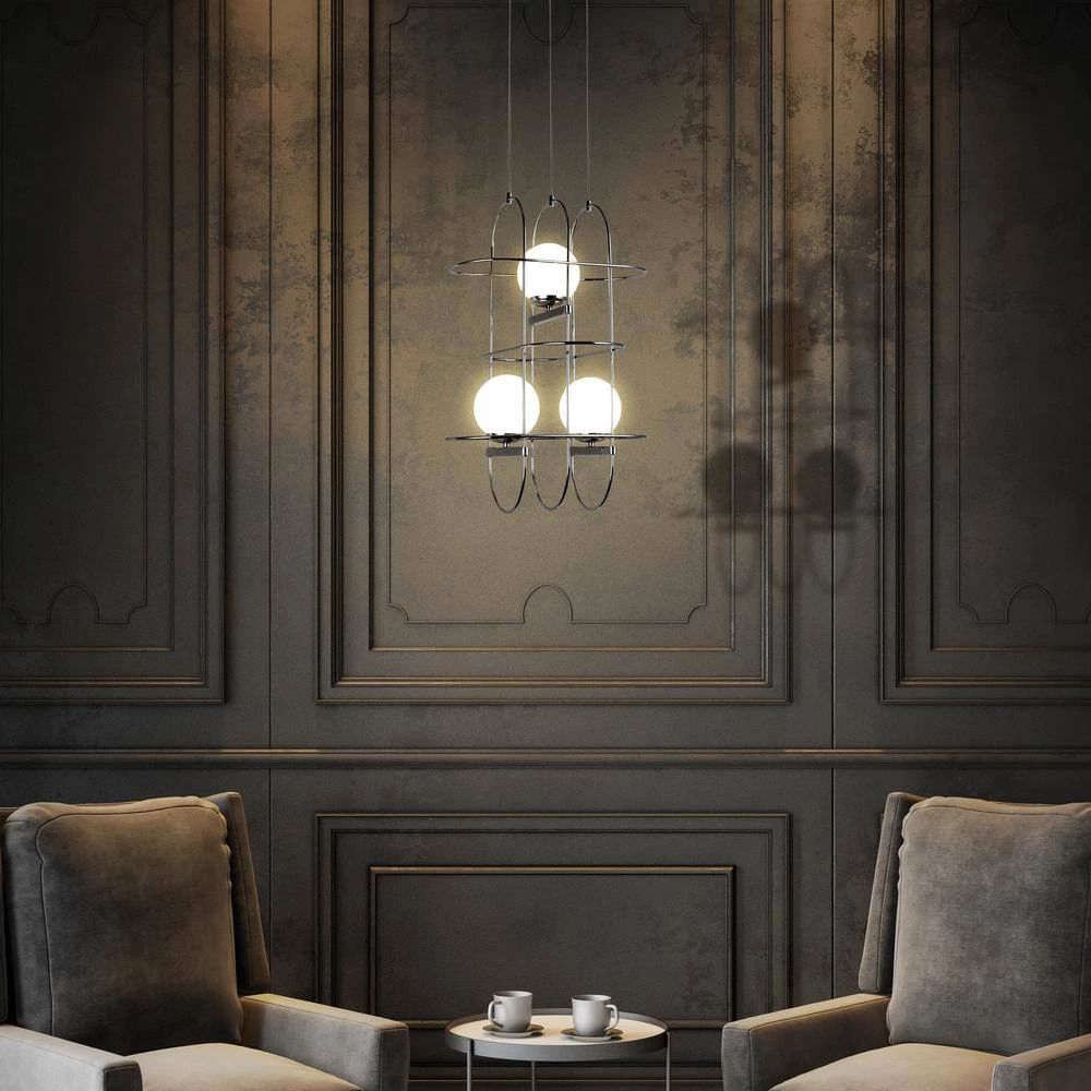 Lyra 16 in.16-Watt Integrated LED Chandelier with 3 Glass Shades and Polished Chrome Cage Island Hanging Pendant Light by VONN Lighting - Image 5