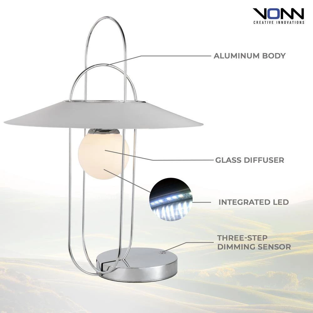 Lyra 24.25 in. Chrome Indoor Integrated LED Table Lamp with 4-Way Touch Sensor and Glass Shade Covered by Aluminum Plate by VONN Lighting - Image 6