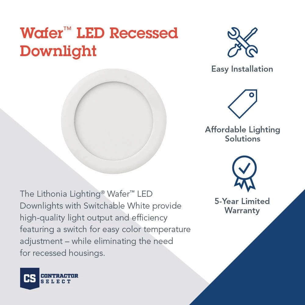 Contractor Select Wafer Series 4in. 3000K/4000K/5000K Switchable White Integrated 810 Lumen LED Canless Recessed Fixture by Lithonia Lighting - Image 2