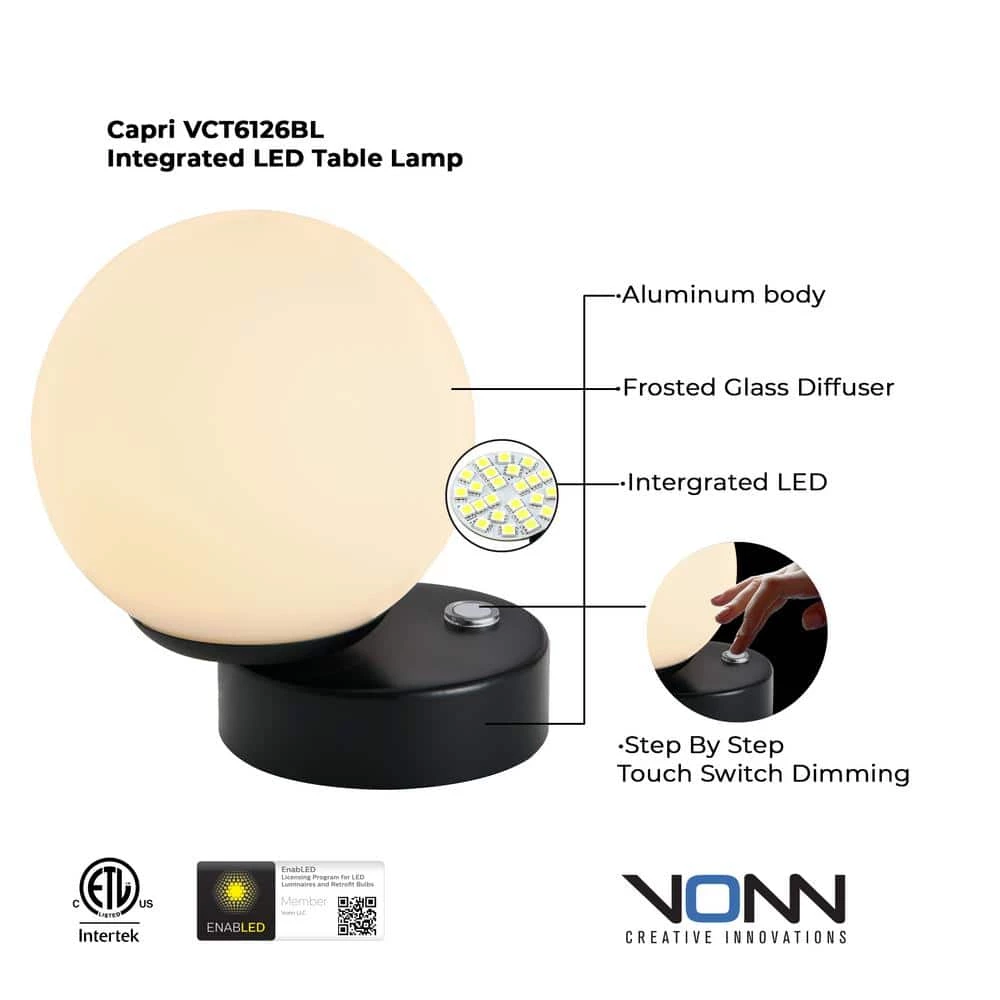 Capri 6.25 in. 11-Watt Black Indoor Integrated LED Table Lamp with 4-Way Touch Sensor 3-Step Brightness Capability by VONN Lighting - Image 5